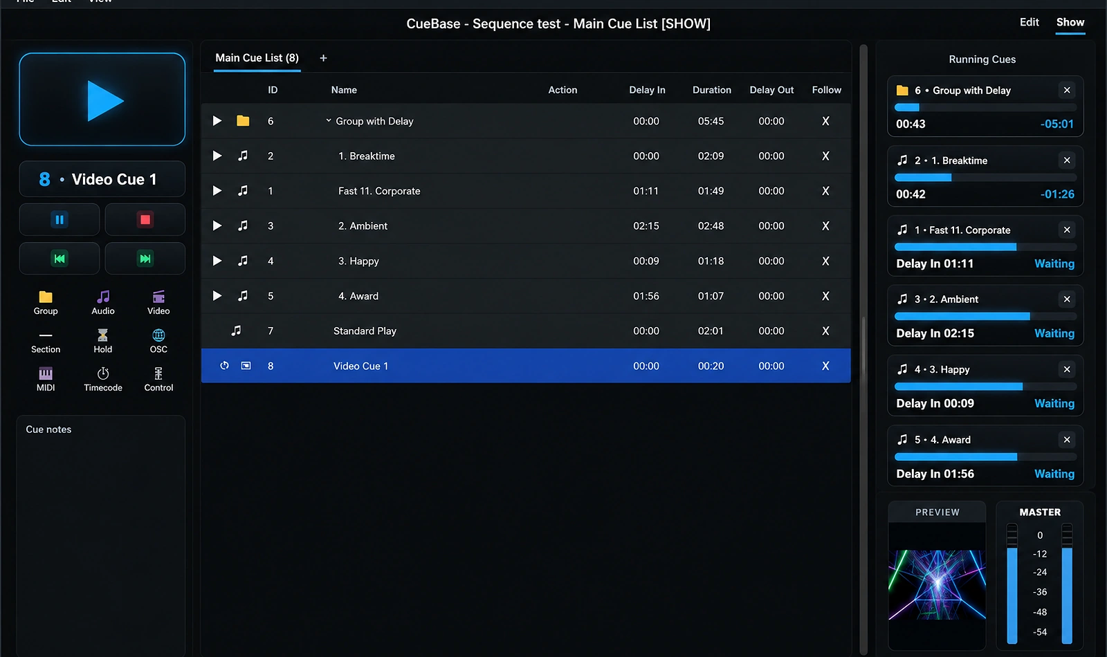 CueVity main cue-list workspace