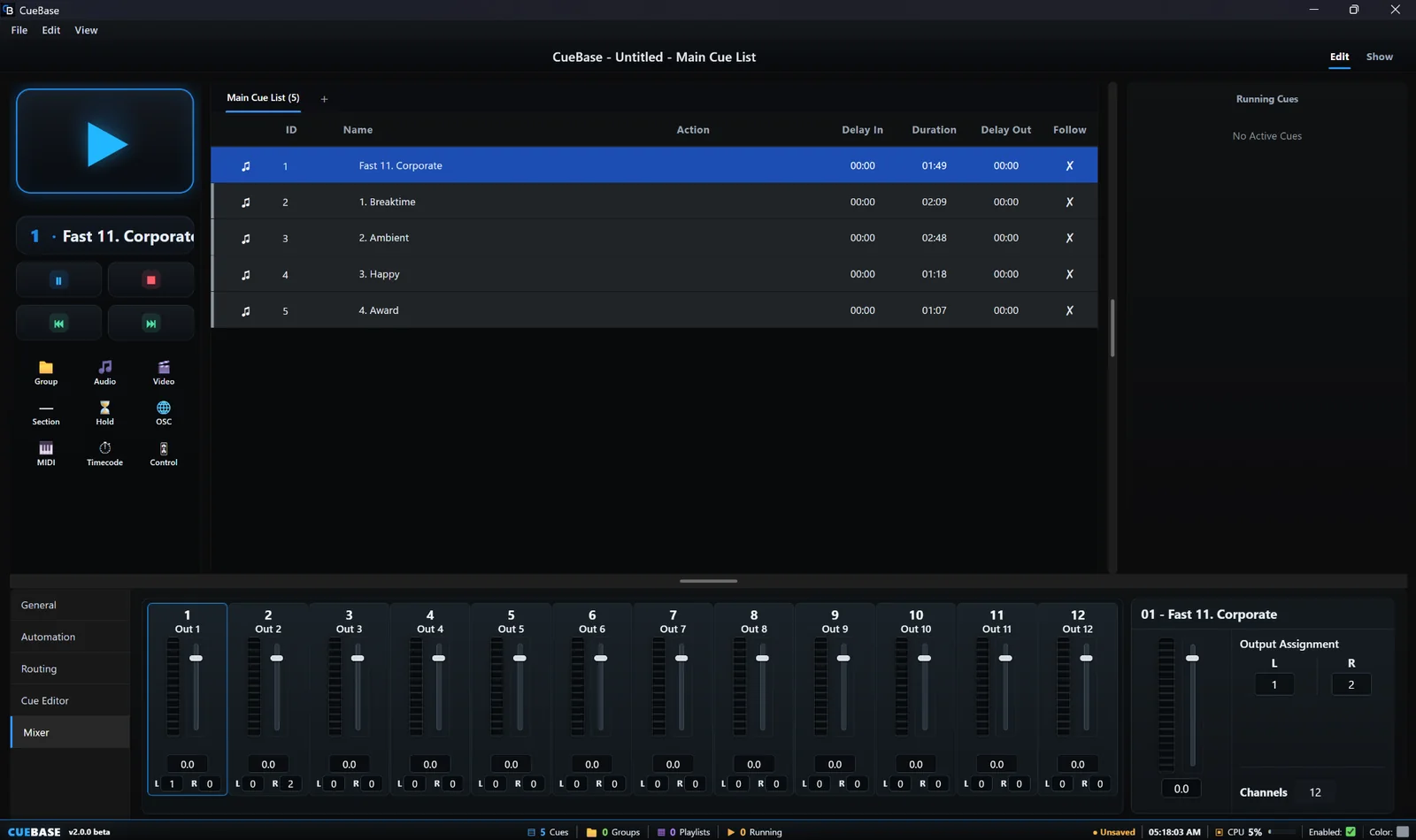CueVity multi-channel audio mixer and routing