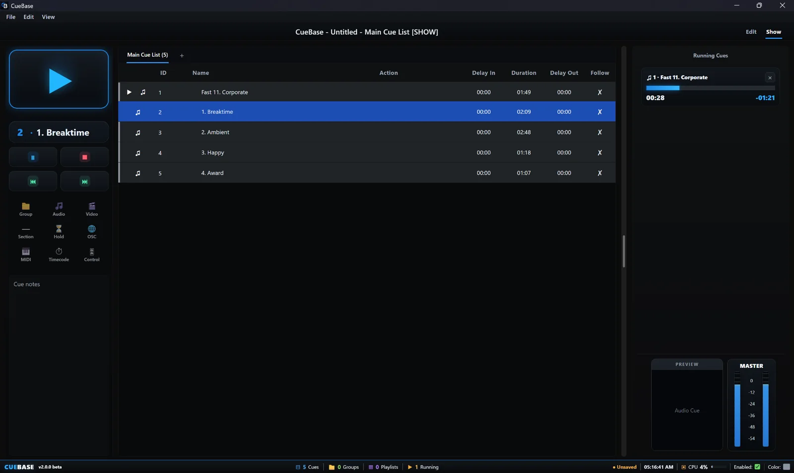 CueVity Show mode for live operation