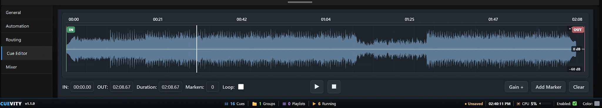 CueVity v1.1.0 Audio Cue Editor showing a detailed waveform, IN and OUT points, markers, loop, gain, and playback controls