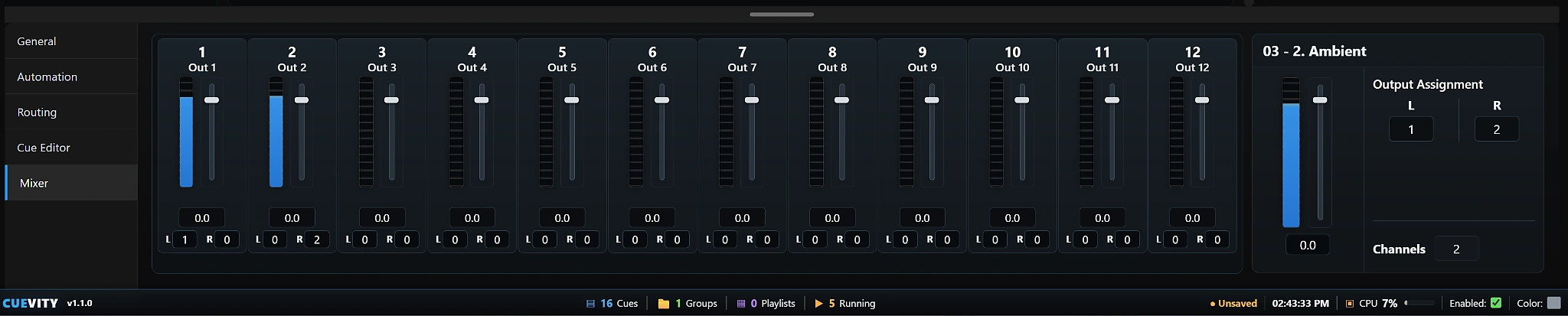 CueVity v1.1.0 multi-channel Mixer with 12 output strips, level meters, faders, pan, and per-cue output assignment