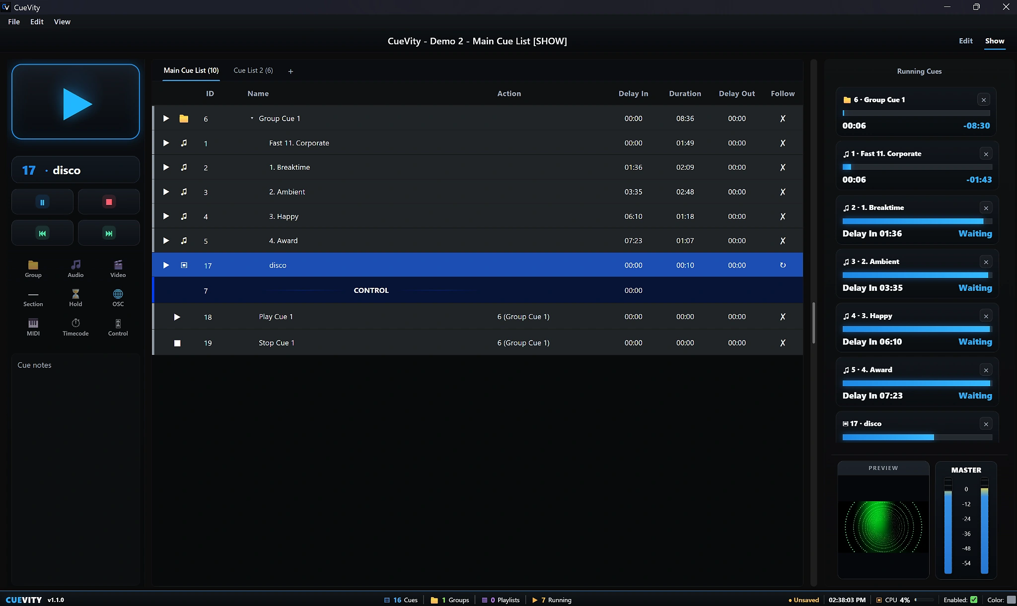 CueVity v1.1.0 Show mode with cue list, running-cue countdowns, preview, and master monitoring