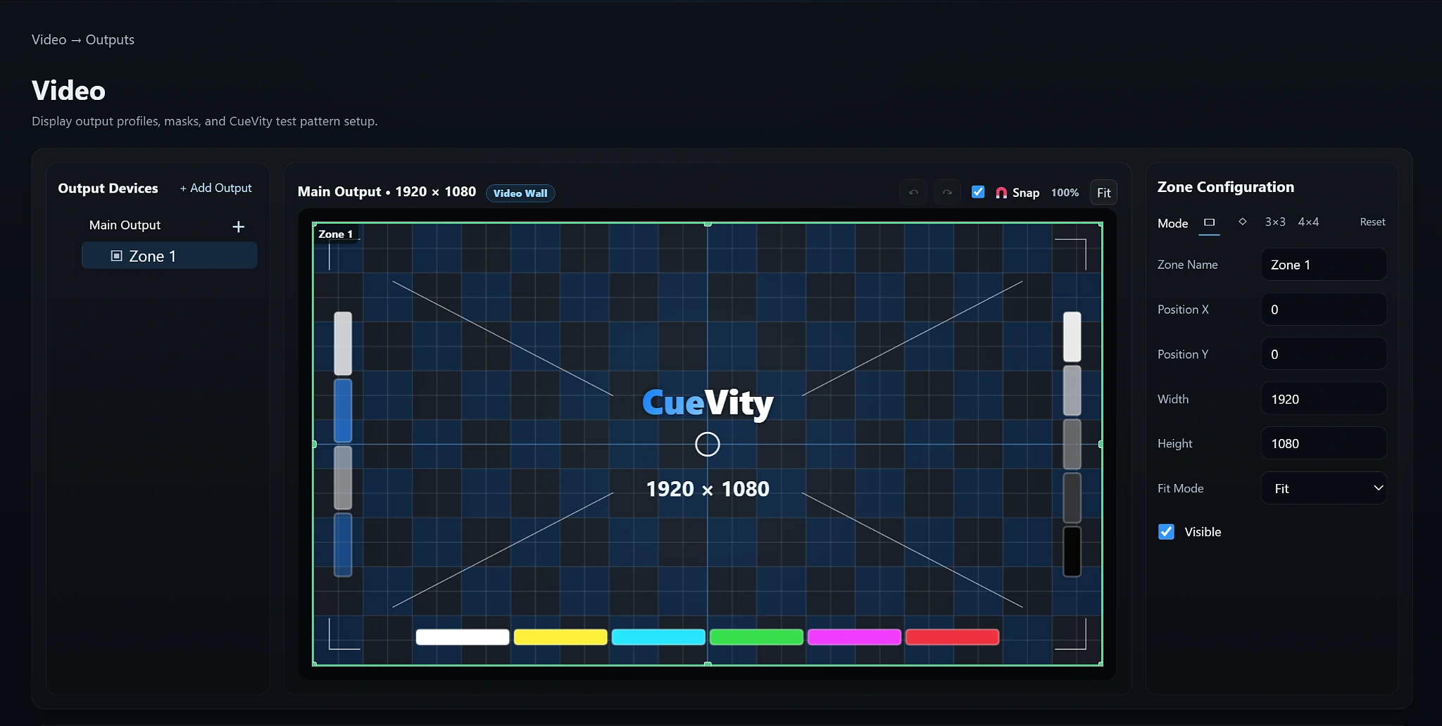 CueVity v1.1.0 Video Outputs workspace with output devices, video wall canvas, zone sizing, positioning, fit mode, and visibility controls
